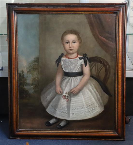 19th century English Primative School Portrait of a seated girl 29.5 x 24.5in.